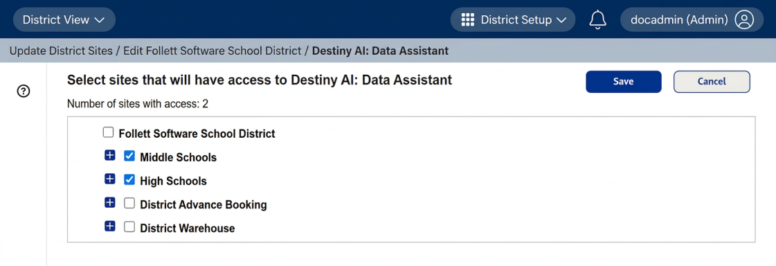 Destiny AI: Data Assistant Select sites page.