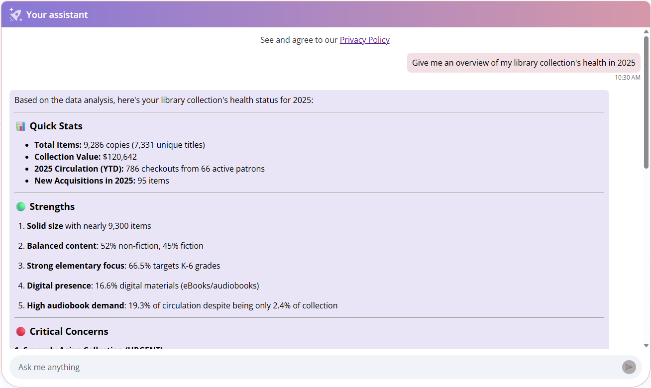 Response to an inquiry about collection health.