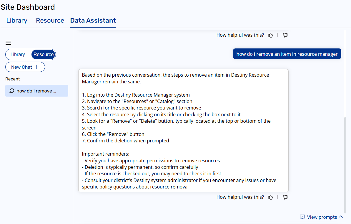 Prompt example asking how to remove a resource item from Resource Manager.