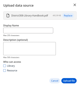"Upload data source" pop-up.
