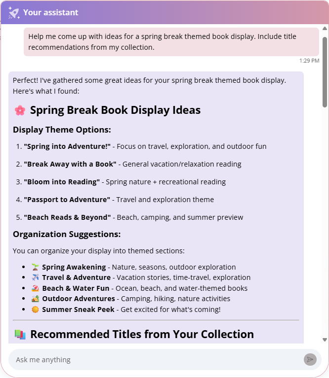 Prompt example and response for a spring break book display.