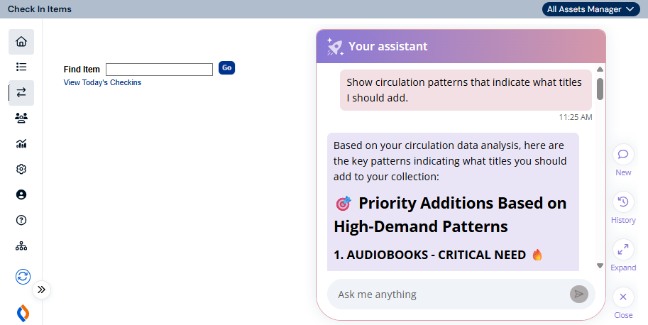 Library AI Assistant with a prompt to show circulation patterns that indicate what titles to add.