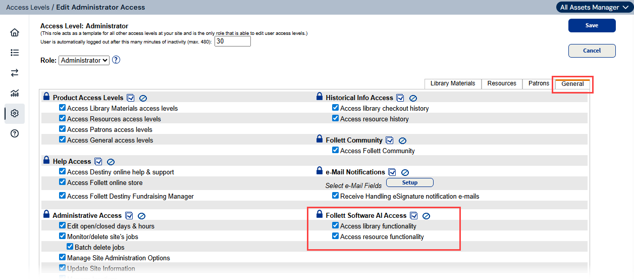 Access Level page, General tab, with Follett Software AI Access permissions highlighted.